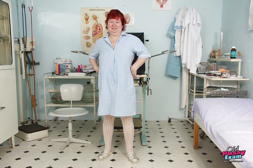 Fatty granny with flabby jugs and hairy muff taking off her nurse uniform