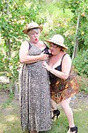 Older granny Girdle Goddess & her aged gal pal showing ass & nipples outdoors