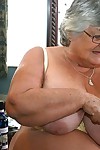 Fat grandmother with short grey hair has phone sex in black stockings only