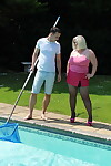 Blonde granny Lacey Starr gets jizz on face after seducing the pool boy