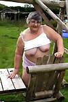 Old British woman Grandma Libby exposes her boobs on a backyard bench swing