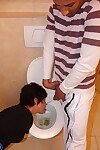 Kinky housewife Hansah drinks pee- blows & ass licks a stud in the toilet
