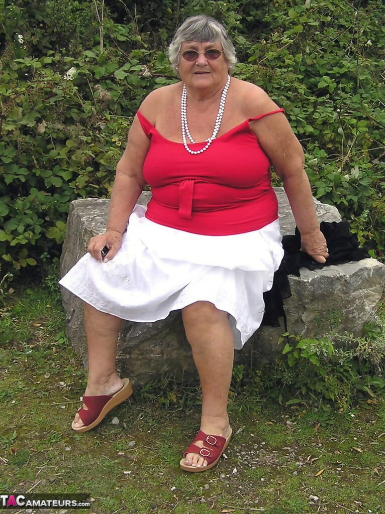 Obese amateur Grandma Libby exposes her boobs on a public walking trail