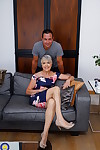 Horny grandmother with grey hair gets stripped to tan hosiery by toy boy