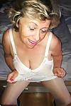 Naughty granny exposes her boobs while changing attire in nylons and heels