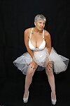 Brazen plump granny Savana flashes panty upskirt in tutu & sparkly high heels